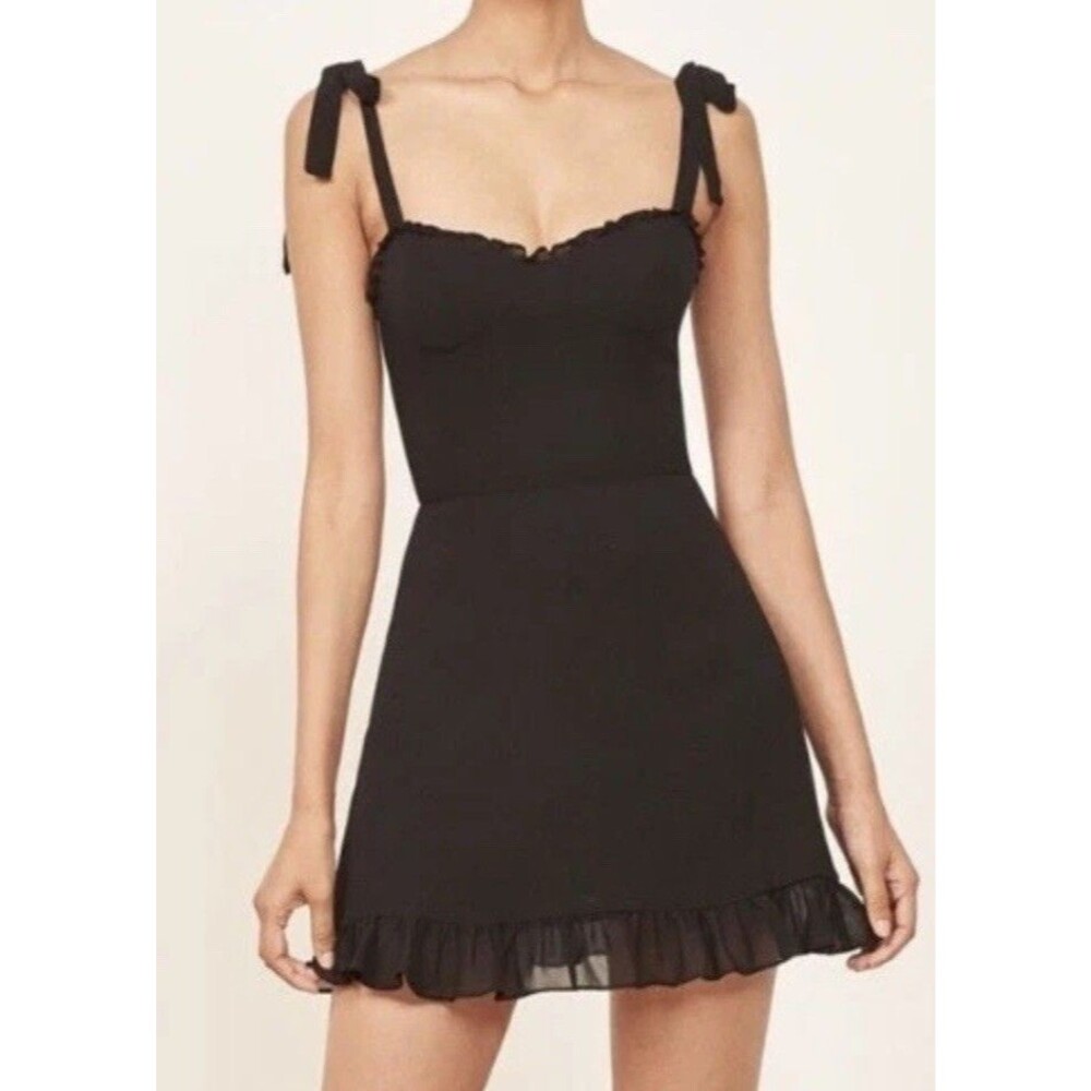 Reformation Christine Dress Black Mini Ruffle Tie Sweetheart Size 00 Summer
